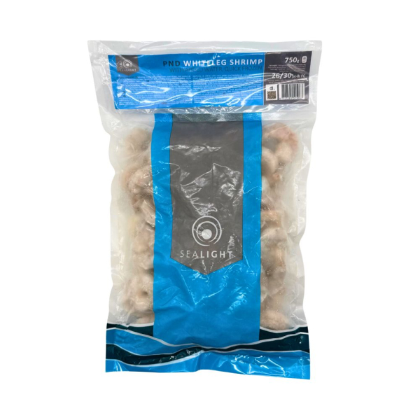 Sealight Whiteleg Garnelen 26/30 roh, geschält & entdarmt, 25 % Glasur, 750 g Netto (1 kg Btl., TK)