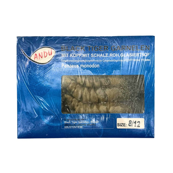 Andu Black Tiger Garnelen 8/12 – mit Kopf & Schale, roh, glasiert, 800 g (TK)